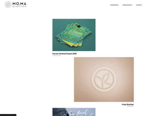 Webdesign et programmation du portfolio de graphiste Moma Graphisme. Réalisation d'un graphisme simple et intuitif. Mise en page responsive sur-mesure. L'ensemble du site est administrable via le cms Kirby.